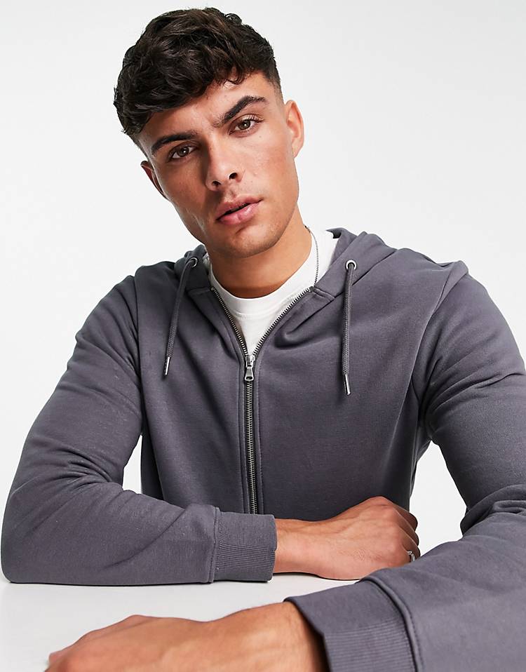 New Look Zip Through Hoodie In Dark Gray